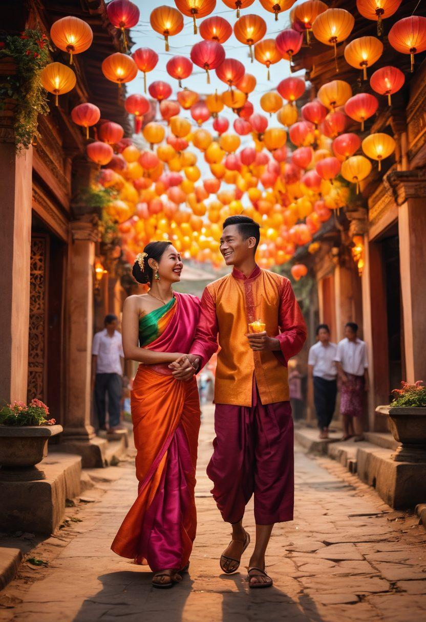 A colorful and vibrant street scene in Myanmar, showcasing local couples laughing and embracing in traditional attire outside an ancient temple. Include elements of cultural festivities with lanterns and flowers, while capturing the essence of love and joy in relationships. Style it with a warm, inviting glow, highlighting the deep connections among people. vibrant colors. super-realistic.