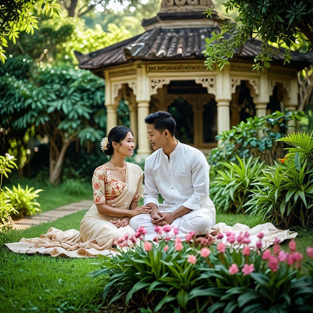 A serene couple sitting together in a lush green garden in Myanmar, with traditional architecture in the background, exchanging loving glances while sharing a heartfelt conversation. Include elements that symbolize sexual wellness, like subtle floral designs and harmonious colors surrounding them, and a soft-focus effect to create an intimate atmosphere. super-realistic. vibrant colors. natural light.