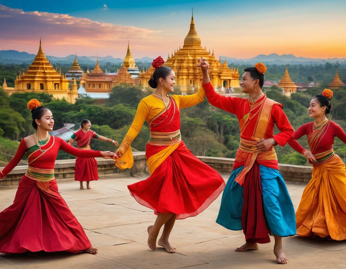 A vibrant collage depicting the blend of traditional Myanmar culture and modern relationships: showcase traditional dancers in colorful attire alongside modern couples expressing affection, amidst local landmarks and natural landscapes. Include elements of love such as hearts and symbols of positivity. Emphasize the contrast between ancient customs and contemporary love. rich colors. cultural fusion. dynamic composition.
